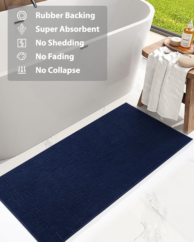 AMOAMI-Bath Mat-Absorbent Quick Dry Bathroom Floor Mats-Washable Rubber Backing Bath Mats for Bathroom Rugs Fit Under Door-Bath Rug for in Front of Sink Bathtub Shower Room, Navy 17''x59''
