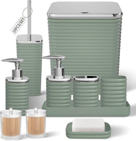 Bathroom Set - 10PC Bathroom Accessory Set, Sage Green Bathroom Set, Luxury Bathroom Accessories Set, Trash Can, Toilet Brush, Soap Dish, Qtip Holder & Soap Dispenser