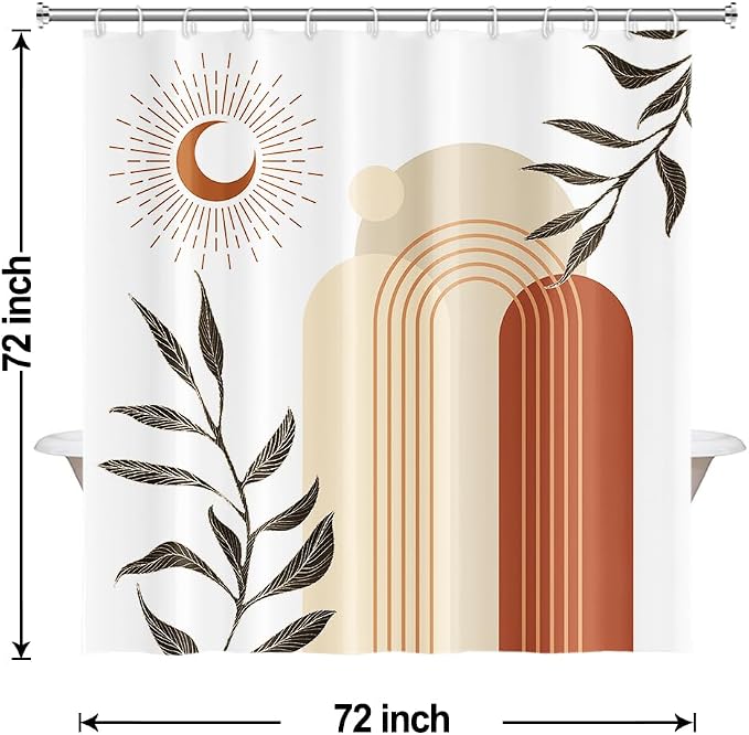 Boho Moon Shower Curtain with Hooks for Bathroom 72x72 Inch | Waterproof Abstract Terracotta and Beige Shower Curtain Set, Mid Century Bathroom Decor