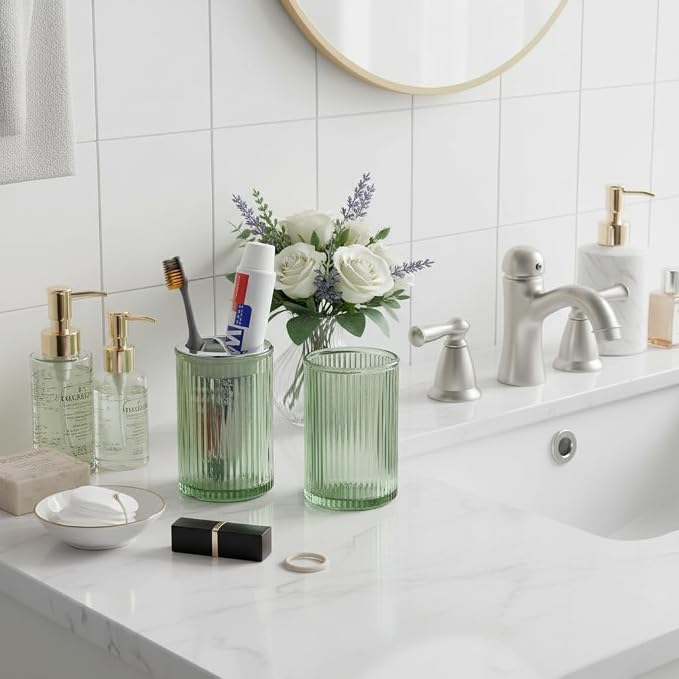 Green Toothbrush Holders for Bathrooms, 2pcs Glass Toothbrush Holder and 12oz Bathroom Tumbler Cup Set, Silver Tooth Brush and Toothpaste Organizer for Bathroom Vanity Countertop