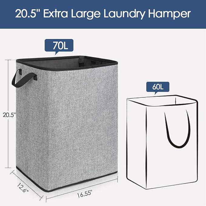 Large Laundry Basket, 70L Collapsible Tall Hamper with Handle, Grey | Dirty Clothes Hamper for Bedroom, Rectangular Sturdy Laundry Basket for College, Dorm, Towels, Toys