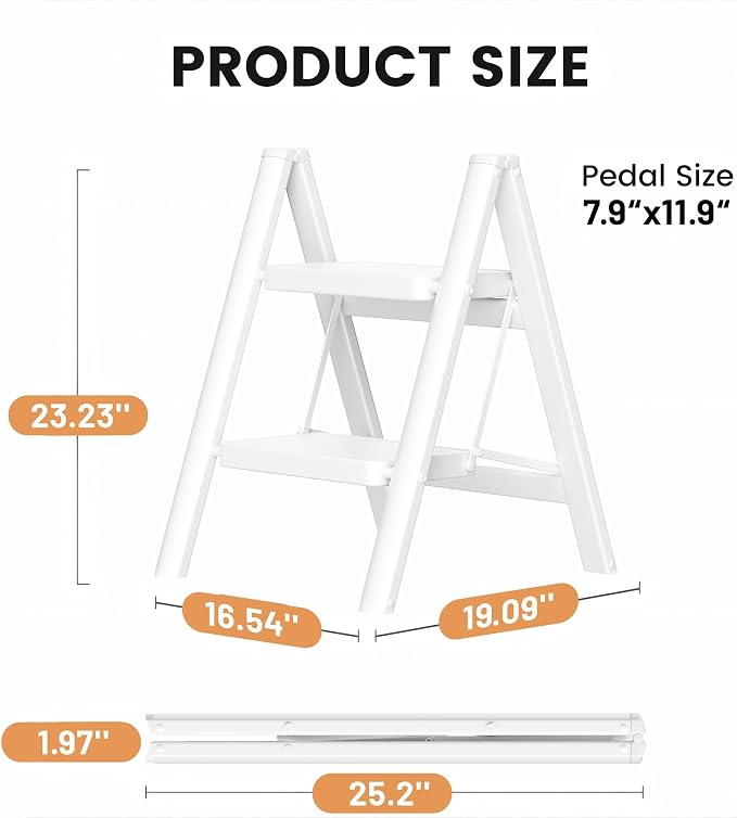 2 Step Ladder, Folding Step Stool, Lightweight Stepladder, White | Anti-Slip 7.9'' Wide Pedal;Space-Saving;For Kitchen, Home, Library, Office Use;300lbs Capacity