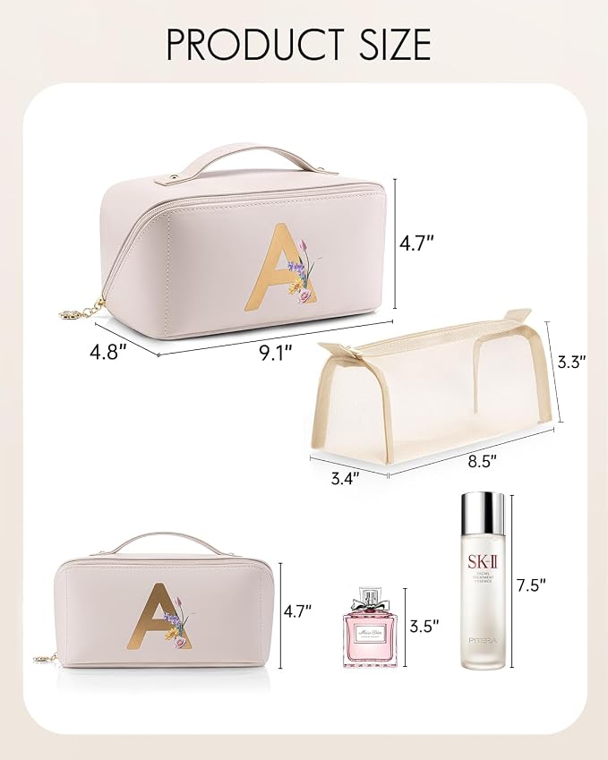 VLANDO Initial Makeup Bag with Separate Brush Pocket,Letter A,Off White | PU Leather Personalized Toiletry Bag,Open Flat Cosmetic Skincare Organizer,Gifts for Women,Bridesmaid,Teen