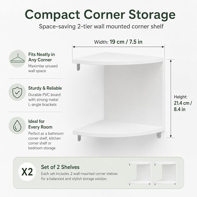 No-Drill Corner Shelf Wall Mount, 2-Tier Thickened 12mm Floating Bookshelf with Hooks, Space-Saving Zigzag Plant Shelf for Bedroom, Living Room, Bathroom, Home Office