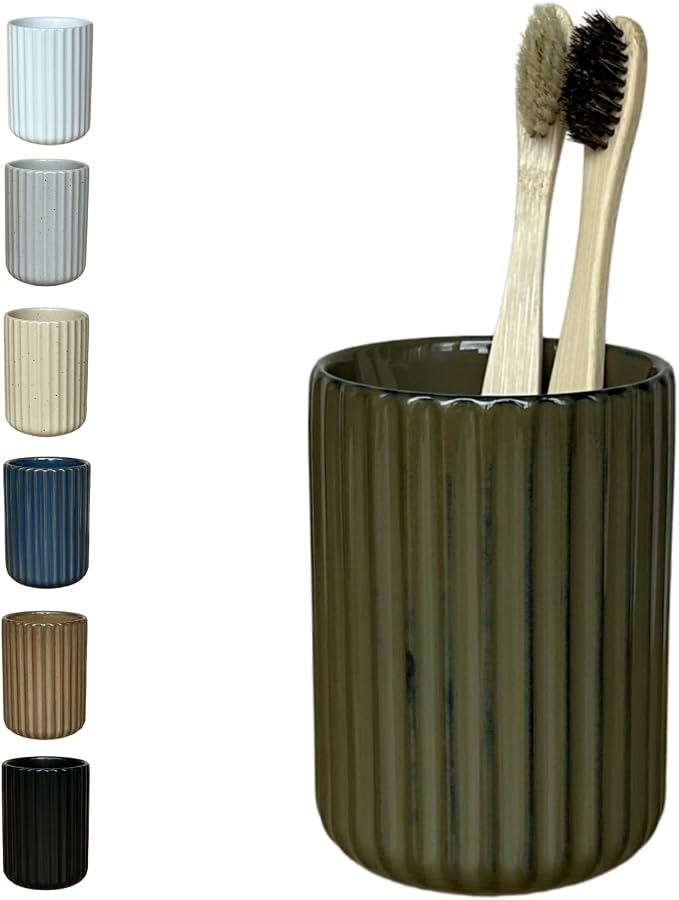 Stoneware Toothbrush Holder for Bathroom Tooth Brush Holder for Bathroom Toothbrush Cup Toothbrush Holders Cute Fluted Vertical Ribbed Stripe (Retro Green)