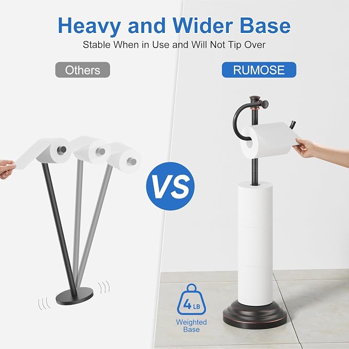 RUMOSE Toilet Paper Holder Stand for Floor Free Standing, Bronze | Bathroom Freestanding Toilet Tissue Roll Holder with Storage, Adjustable 17-25 Inch, Rustproof, SUS304 Stainless Steel