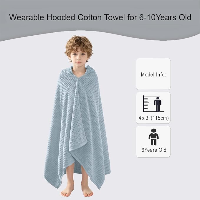 VOOVA & MOVAS Kids Hooded Bath Towel, 6-10 Years,Grey Blue Waffle | Unique Waffle Weave Surface, Dense Fabric, Powerful Absorbency for Multi Scenes