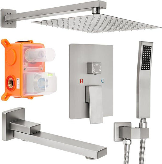 Brushed Nickel Square Rainfall Shower Head Set with Handheld & Faucet, 12" | Wall Mounted Bathroom Shower Faucet, 12 Inch Square Head, With Shower Valve, Rustproof Brushed Nickel, High Pressure Raindrop