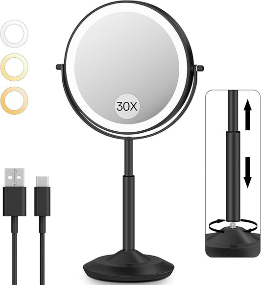 VFD 8'' 30X/1X Magnifying Makeup Mirror with Lights Height Adjustable | Lighted Vanity Mirror with 3 Color Adjustable Brightness, 3000mAh Rechargeable Double Sided Switch for Desk Women Gift