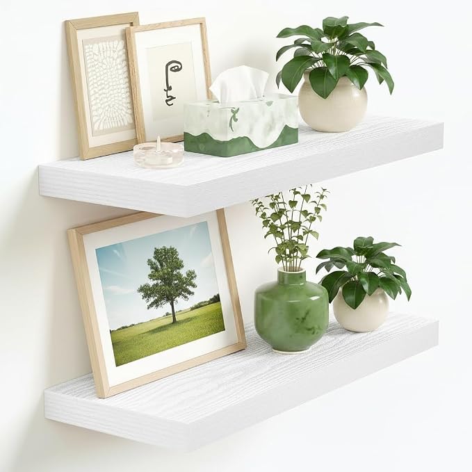 Vivelove Floating Shelves 9 inch Deep 16”Long Set of 2, White | Easy Install With Hardware, 1.5" Thick, Invisible Brackets, Wall Mounted, No Sagging, For Any Room