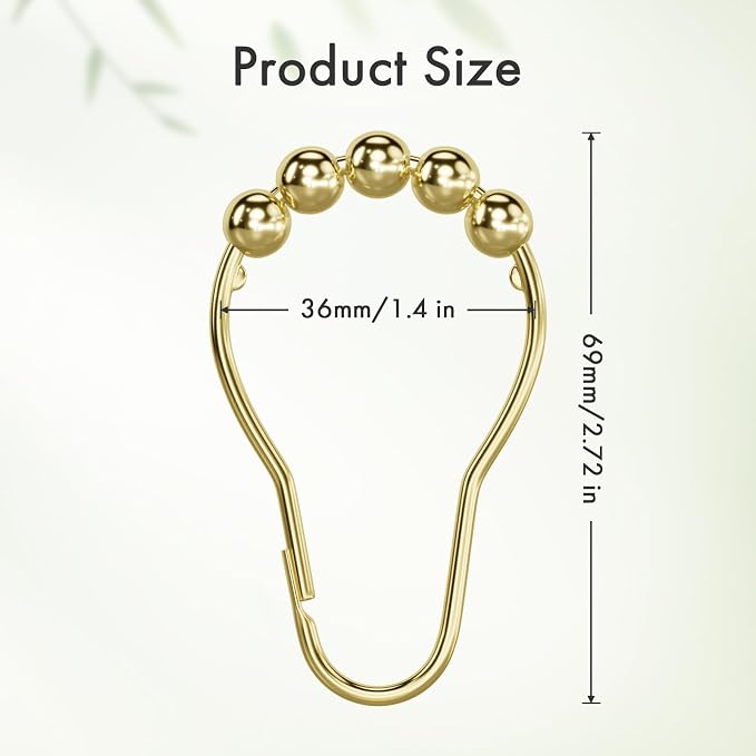 Shower Curtain Rings, Rust-Resistant Metal Shower Hooks Ring Shower Rings for Curtain Rolling Shower Curtain Hooks for Bathroom Shower Rod Shower Curtain Hangers, Set of 12, Gold