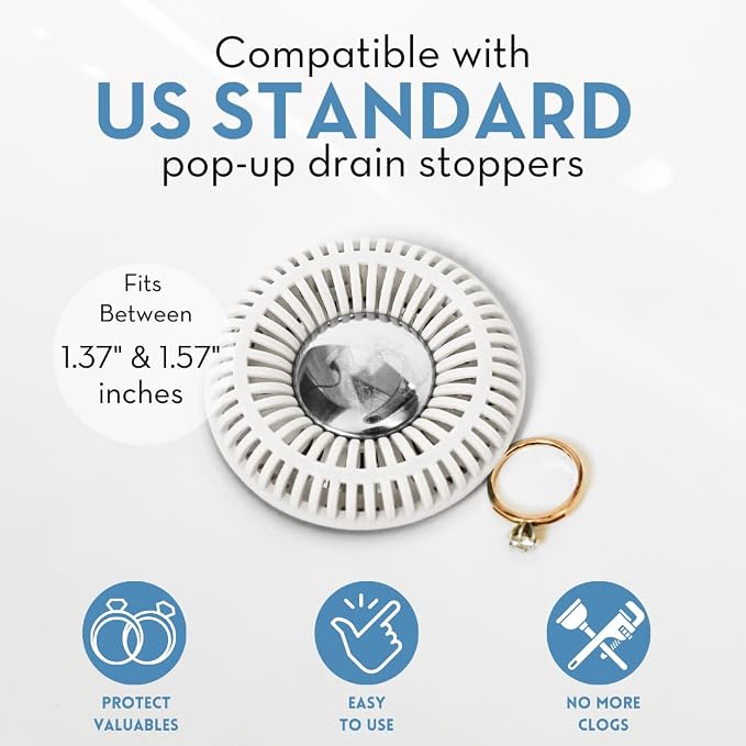 SinkRing Bathroom Sink Drain Protector & Strainer for Sink Stoppers, White | Easy snap-in design. Precision clog-free trap prevents loss of earrings, jewelry or contacts. Fits 1.37" - 1.57" stoppers.