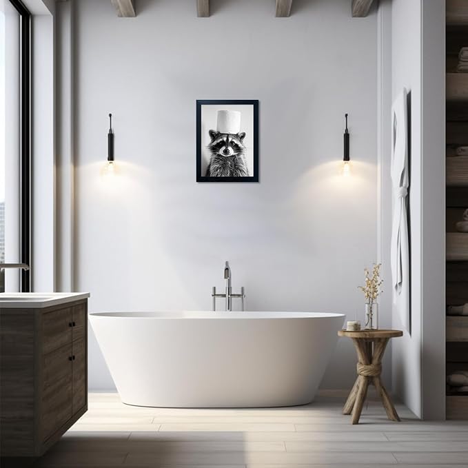 Funny Raccoon Wall Decor Bathroom Animal Wall Art Raccoon With a Toilet Paper Roll on the Head Toilet Humor Decor Framed Black and White Cute Farmhouse Picture