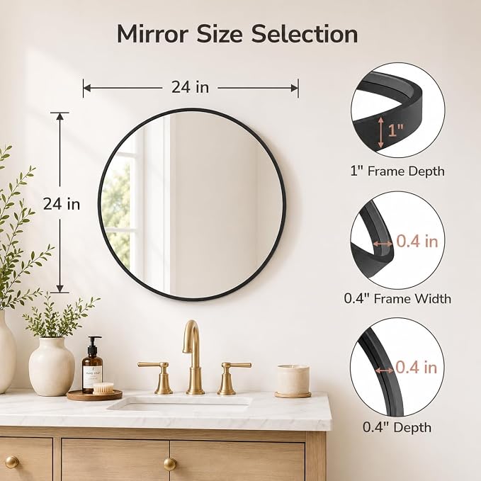 2 Pack 24 Inch Round Bathroom Mirrors for Over Sink | Circle Mirror with Metal Frame, Black Wall Mirror Modern Decoration for Vanity, Entryway, Living Room, Hallway and Bedroom