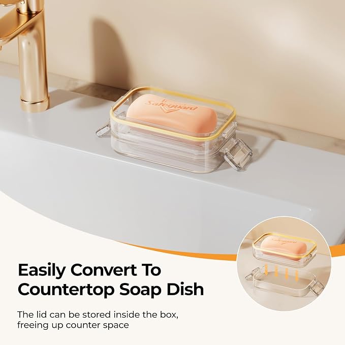 MOPMS Travel Soap Case, Leakproof with Clasps & Silicone Seal for Traveling | Soap Holder Travel Case with Drain Tray for Gym, Bathroom, Portable Travel Soap Container Fits Most Soaps, Durable PC, Clear
