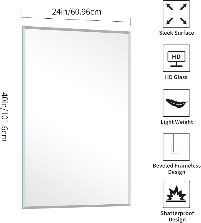 KOCUUY Beveled Mirror, 24x40 Inch Frameless Bathroom Mirror for Over Sink, Upgraded Shatterproof Beveled Unframed Design Mirror for Bathroom, Bedroom, Hang Horizontal/Vertical