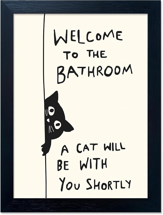 Framed Black and White Bathroom Painting Welcome to the Bathroom Wall Art A cat Will be With You Shortly Funny Cat Lover Picture Canvas Print Poster Modern Home Decor