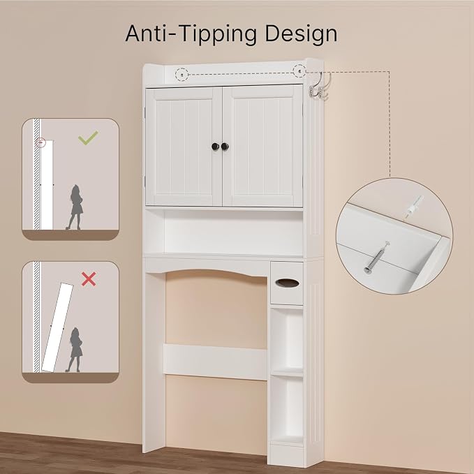 Over The Toilet Storage Cabinet, 32.3" W x 70.3" H, White | Over Toilet Bathroom Organizer with Doors, Adjustable Shelves, Toilet Paper Holder, 2 Side Hooks, for Bathroom, Laundry