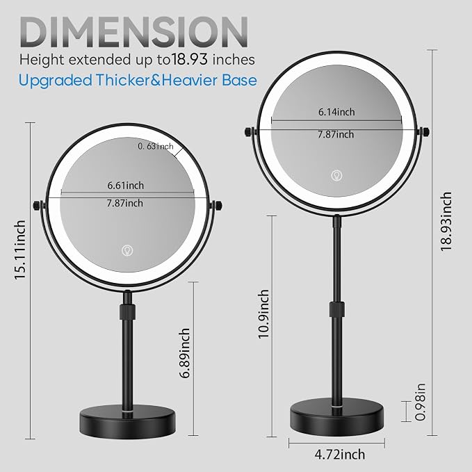 Nicesail LED Lighted Makeup Mirror Tabletop, Black 8 Inch 10X Height Adjust | 10X Magnifying Mirror with 3 Color Lights, Brightness Height Adjustable, 15''~19'' Double Sided Touch Switch Desk Mirror