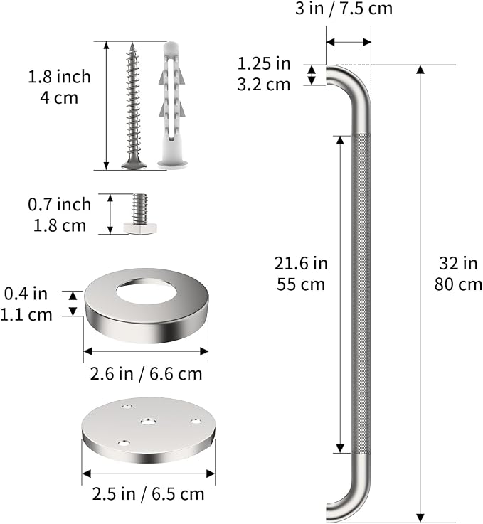 ZUEXT 32 Inch Brushed Nickel Anti Slip Shower Grab Bar with Knurled Grip | Bathroom Balance Support Rail, Assist Handle for Handicap Seniors, Wall Mount Stainless Steel Bath Safety Handrail, 1.25" Dia