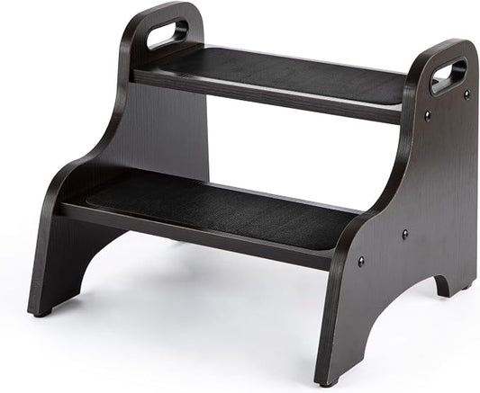 StrongTek Wooden 2 Step Stool, 350 lb Capacity, Non-Slip, Espresso | Wide Non-Slip Surface, Portable Handles, Stable Support for Sink, Potty Training, Kitchen, Bathroom and Bedside