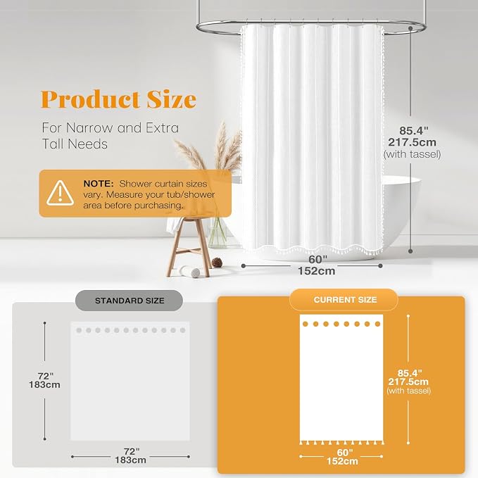 60 x 84 Boho Famrhouse Linen Heavy Duty Cloth Shower Curtain, White | Narrow Long Size, 330GSM Linen Blend, Water Repellent, Vintage Striped Fabric, 10 Hooks, Rustic Country, Machine Washable