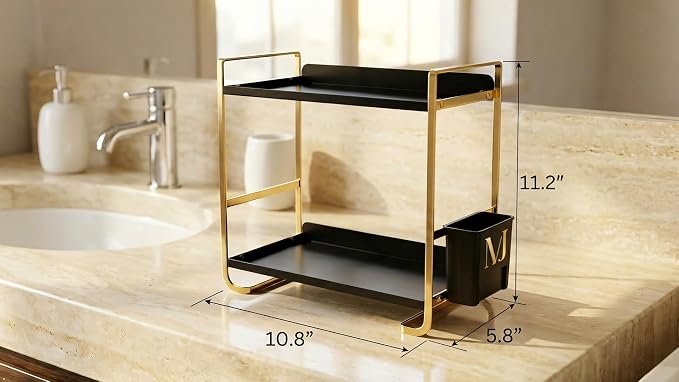 2 Tier Bathroom Countertop Organizer, Black and Gold | Side Caddy, Metal Construction, Slim Counter Storage Rack, For Vanity