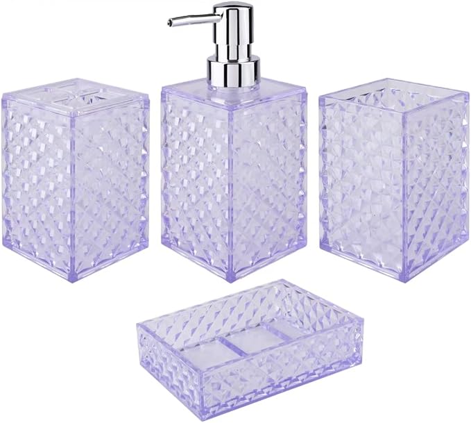 Bathroom Accessory Set, Grid Pattern 4 Pcs Plastic Bathroom Set, Purple | Include Soap Dispenser, Soap Dish, Toothbrush Holder, Mouthwash Cup, Modern Bathroom Decor Set
