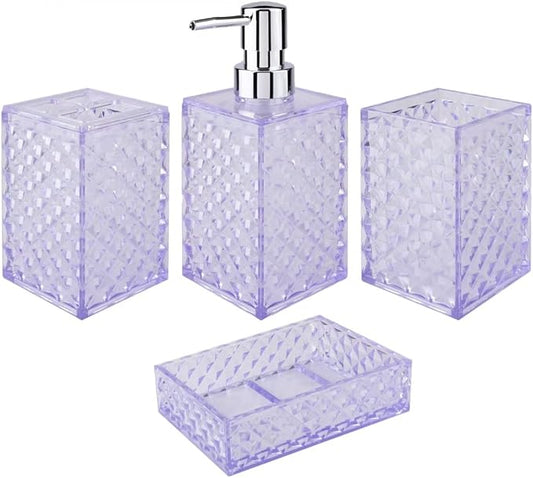 Bathroom Accessory Set, Grid Pattern 4 Pcs Plastic Bathroom Set, Purple | Include Soap Dispenser, Soap Dish, Toothbrush Holder, Mouthwash Cup, Modern Bathroom Decor Set