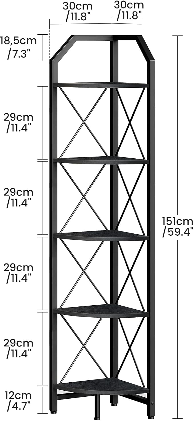 5-Tier Corner Shelf, Industrial Corner Bookshelf, 59.4" Corner Storage Stand, Plant Stand Display Shelf, Corner Bookcase for Bedroom, Living Room, Home Office, Black TCJ10BB