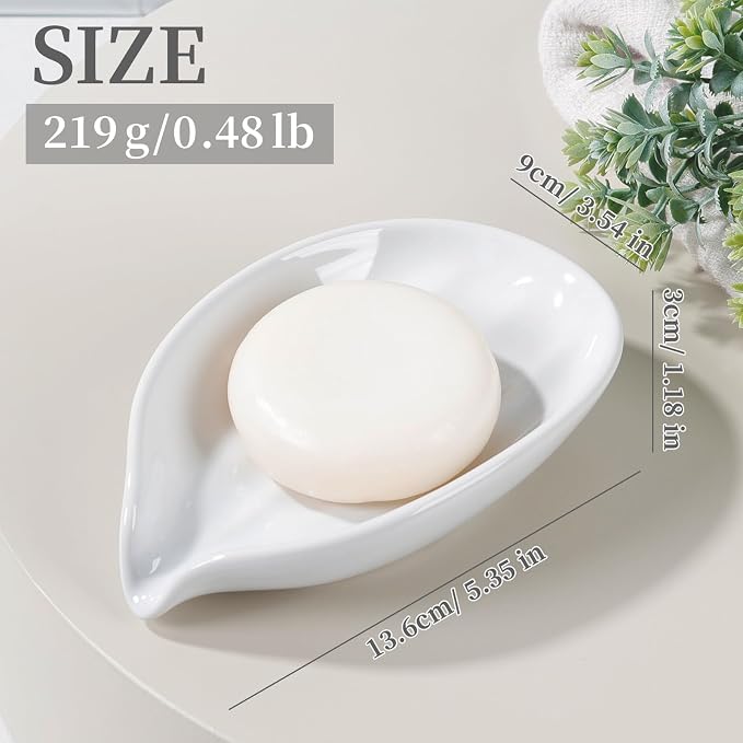 Soap Holder, Self-Draining White Soap Dish, Leaf Shape Ceramic Bar Soap Holder Drain Soap Dishes for Bathroom Sink Kitchen, Easy to Clean Keeps Soap Dry, ANTIS'S HOME