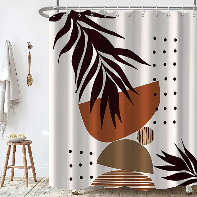 Mid Century Terracotta Shower Curtain for Bathroom 72x72 Inch | Waterproof Abstract Dark Brown Leaves Shower Curtain Set, Soft Boho Bathroom Decor, Machine Washable