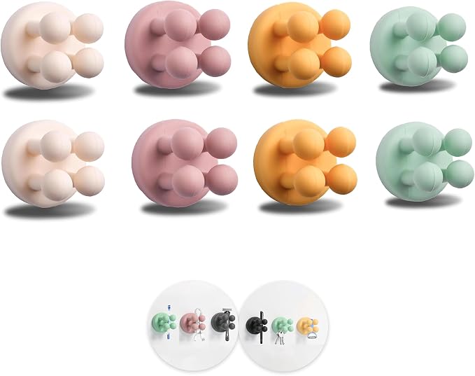 8Pcs Silicone Toothbrush Holders for Bathrooms,Waterproof Self Adhesive Multifunctional Hook for Hanging Towel Key Plug Cable for Bathroom Kitchen Living Room Office WhitePinkYellowGreen
