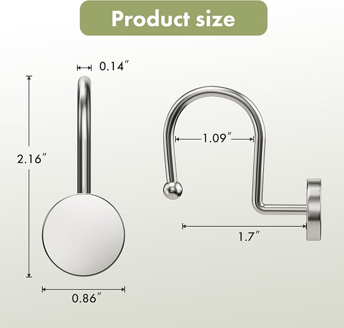 AmazerBath Shower Curtain Hooks Brushed Nickel Shower Curtain Rings, Heavy Duty Modern Decorative Shower Curtain Hooks Rust Proof Smooth Glide Shower Hooks for Shower Curtain Shower Rod Hook, 12Pcs