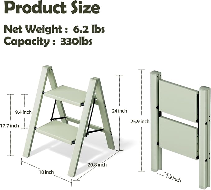 Taranta 2 Step Stool Foldable,Aluminum Step Ladder-FairylandGreen | Lightweight,Wide Anti-Slip Pedals,Folding Step Stool,330lbs Capacity for Household,Kitchen,Office