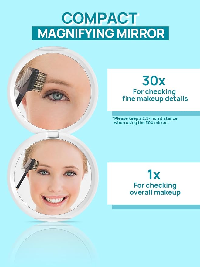 Macaki 1x/20x Compact Magnifying Mirror for Travel and Makeup, 3 in, White | Small Mirror for Purse, Portable Makeup Mirror, Dual-Sided Flip, Smooth Plastic & Glass,Purse Essentials