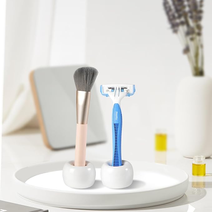 SheeChung Small Ceramic Toothbrush Holders, Mini Tooth Brush Stand, 2 Pack | White Cute Toothbrush Organizer, for Bathroom Countertop, Travel, Camper, Modern, Minimalism, Space-Saving, No-Slip Bottom