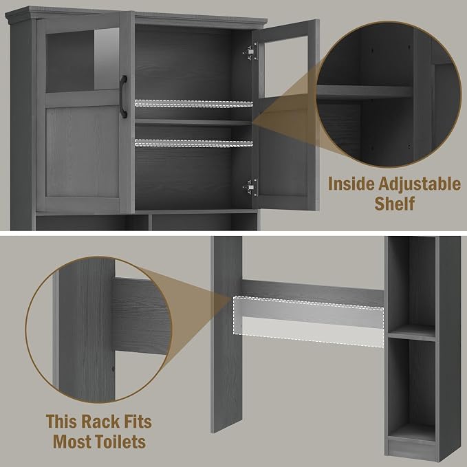 Vabches Over The Toilet Storage Cabinet with Doors & Paper Holder, Ash Grey | Vabches Freestanding Toilet Shelf Space Saver with Anti-Tip Design & Adjustable Shelf or Restroom, Bathroom, Laundry