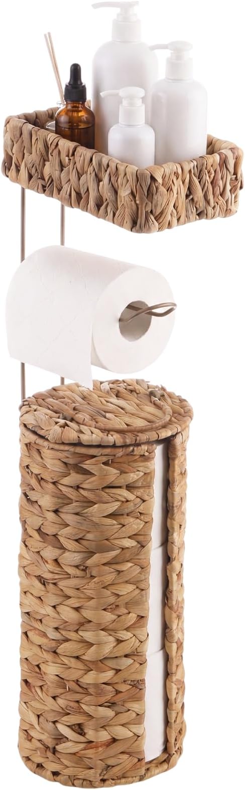 Novabright Freestanding Toilet Paper Holder with Storage, Holds 3 Rolls, Handmade Woven Water Hyacinth Stand, Boho Farmhouse Bathroom Organizer