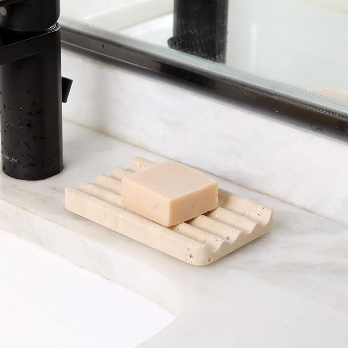 Karibiber Marble Soap Dish, Beige Travertine Bar Soap Holder Shower, Large Bathroom Soaps Saver, Easy Cleaning Natural Stone Sponge Holder for Kitchen Sink, Executive Jewelry Ring Tray