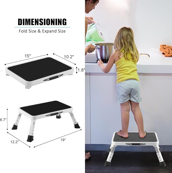 Jocauto Folding Step Stool for Adults, Height-Adjustable Small Step Stool | Step Ladder with Non-Slip Platform for Adults or Kids in Kitchen, Home, Rv, 330 Lbs Capacity, White