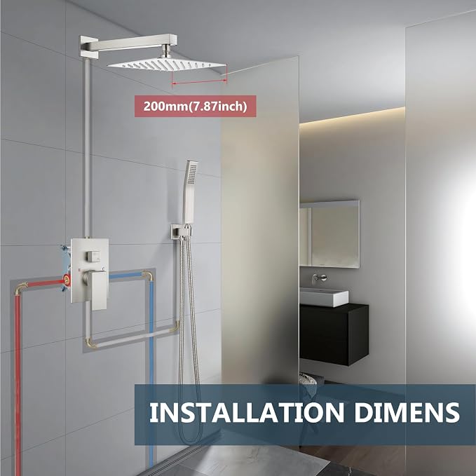 Aolemi Shower Faucet Set with Handheld Brushed Nickel 8 Inch Head | Pressure Balance Shower Valve and Trim Kit,SUS304 Rain Head and Handle System,All Metal,Wall Mount,Bathroom,Handheld Spray