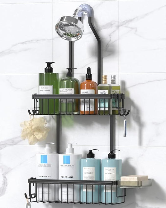 Never Rust Shower Caddy Hanging, Aluminum Shower Racks for Inside Shower, 2-Tier Shower Organizer Hanging Over Shower Head with Hooks and Soap Holder, Black