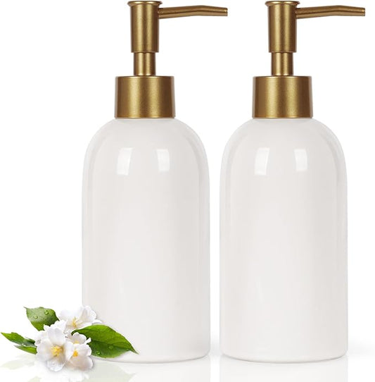 Natheeph 14OZ Soap Dispenser for Bathroom/Kitchen Fill Hand Soap/Dish Soap | Ceramic Soap Dispenser Refillable Shampoo/Lotion/Liquid/Detergent for Bathroom/Kitchen, Soap Pump Dispenser Bottle, 2PC White