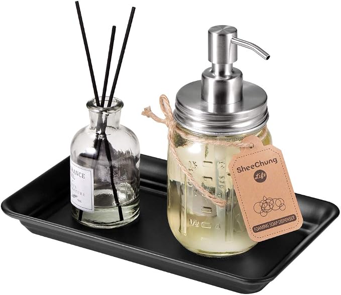 SheeChung Metal Vanity Tray, Bathroom Counter Storage Tray, Black 2 Pack | Sturdy Decorative Tray Holder, Farmhouse Vintage Decor Accessories for Perfume, Cosmetics, Jewelry, Makeup, Guest Hand Towel