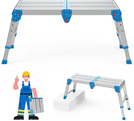 Work Platform 500 lbs with One-Touch Automatic Fold, Larger, Blue | Folding Step Stool, 4 Height Adjustment Platform Step, Perfect for RV Cleaning, Home Painting and Reaching High Places