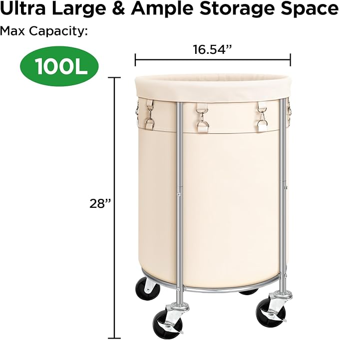 100L Round Rolling Laundry Hamper Basket with Wheels, Beige | Laundry Sorter Cart with Removable Bag, Clothes Organizer, Metal Frame, Bedroom, Bathroom, Laundry Room, Dorm Use