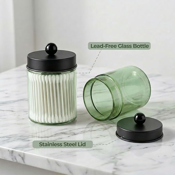 Amolliar Green Glass Apothecary Jar Qtip Holder Metal Lids 4pc/Green-black | Bathroom Decor Countertop Vanity Storage Organizer Set for q tip holder,Cotton Swabs/Rounds,Makeup Sponges,Cute Stickers