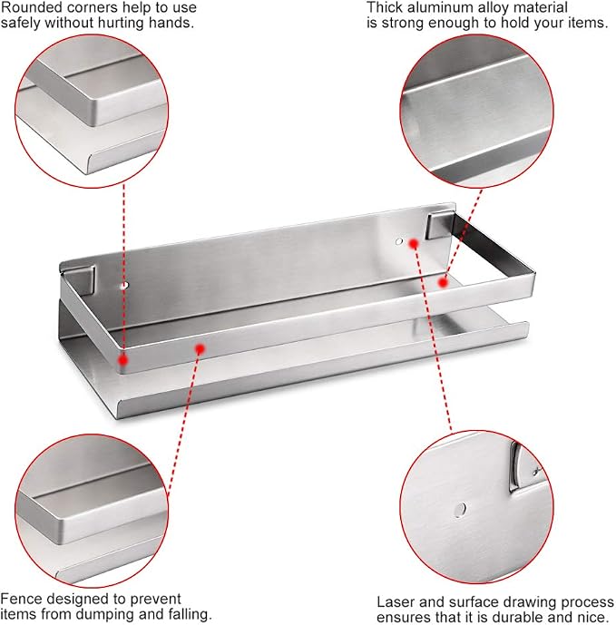 OwnMy 12 Inch Bathroom Shower Shelf Stainless Steel Wall Shower Caddy Rack | Wall Mount Shower Wall Caddy, Metal Floating Shower Shelves, Kitchen Wall Shelf, Bathroom Corner Rectangular Shelf, Silver