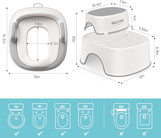 Maliton Potty Training Toilet Seat & Step Stool, 2-in-1 Anti-Slip Grey | Potty Seat + Separate Step Stool, Adjustable Fits More Toilets, Anti-Slip, Sturdy, Splash Guard, Easy clean，Boys & Girls.